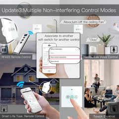 WiFi RF433 Smart Ceiling Fan Switch Smart Life/Tuya App 2/3 Way Control Wireless Remote Control Works with Alexa and Google