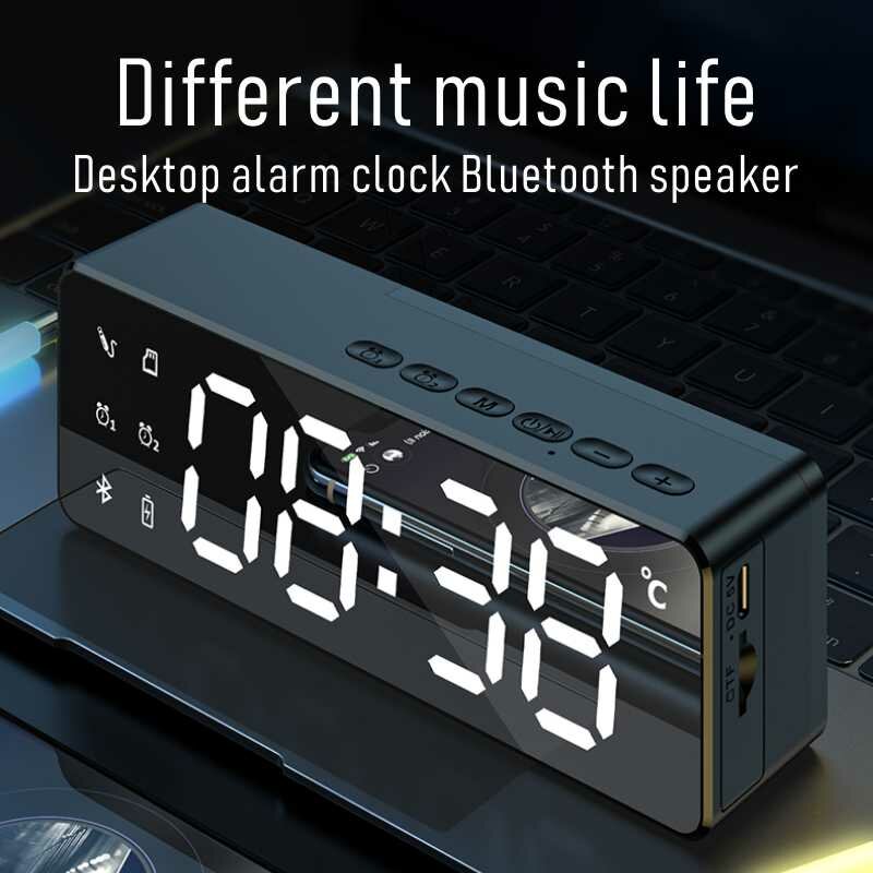 Bluetooth 5.0 Speaker Alarm Clock Multiple Play Modes LED Mirror Speaker with FM Function Stereo Sound Real-time Temperature Display 2800mAh