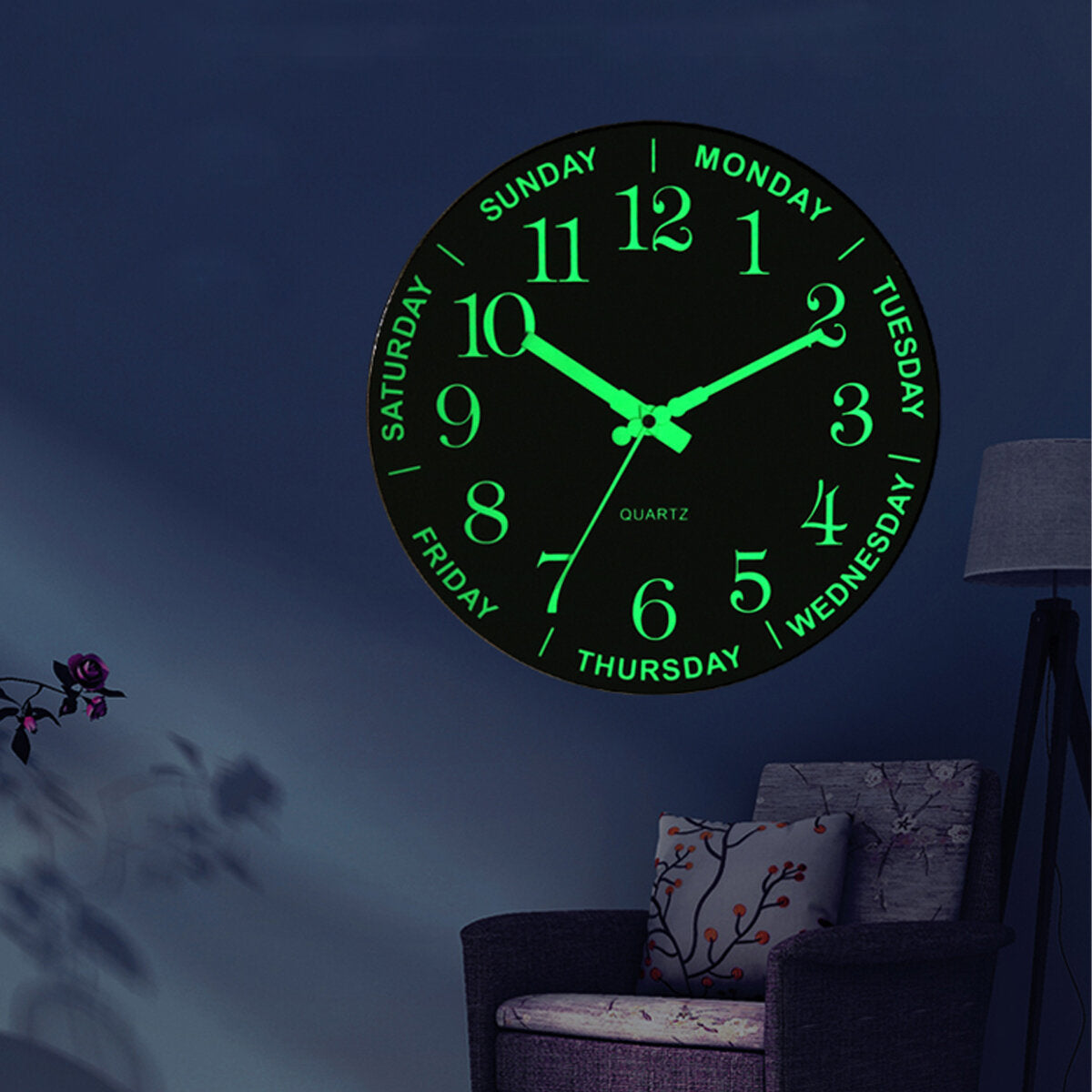 12'' Luminous Silent Non Ticking Night Glow in the Dark Quartz Wall