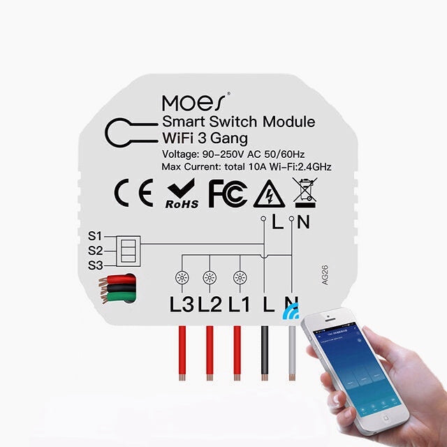 Mini WiFi Smart Light Switch 3 Gang 1/2 Way Module Smart Life/Tuya App Control Works with Amazon Alexa Google Home