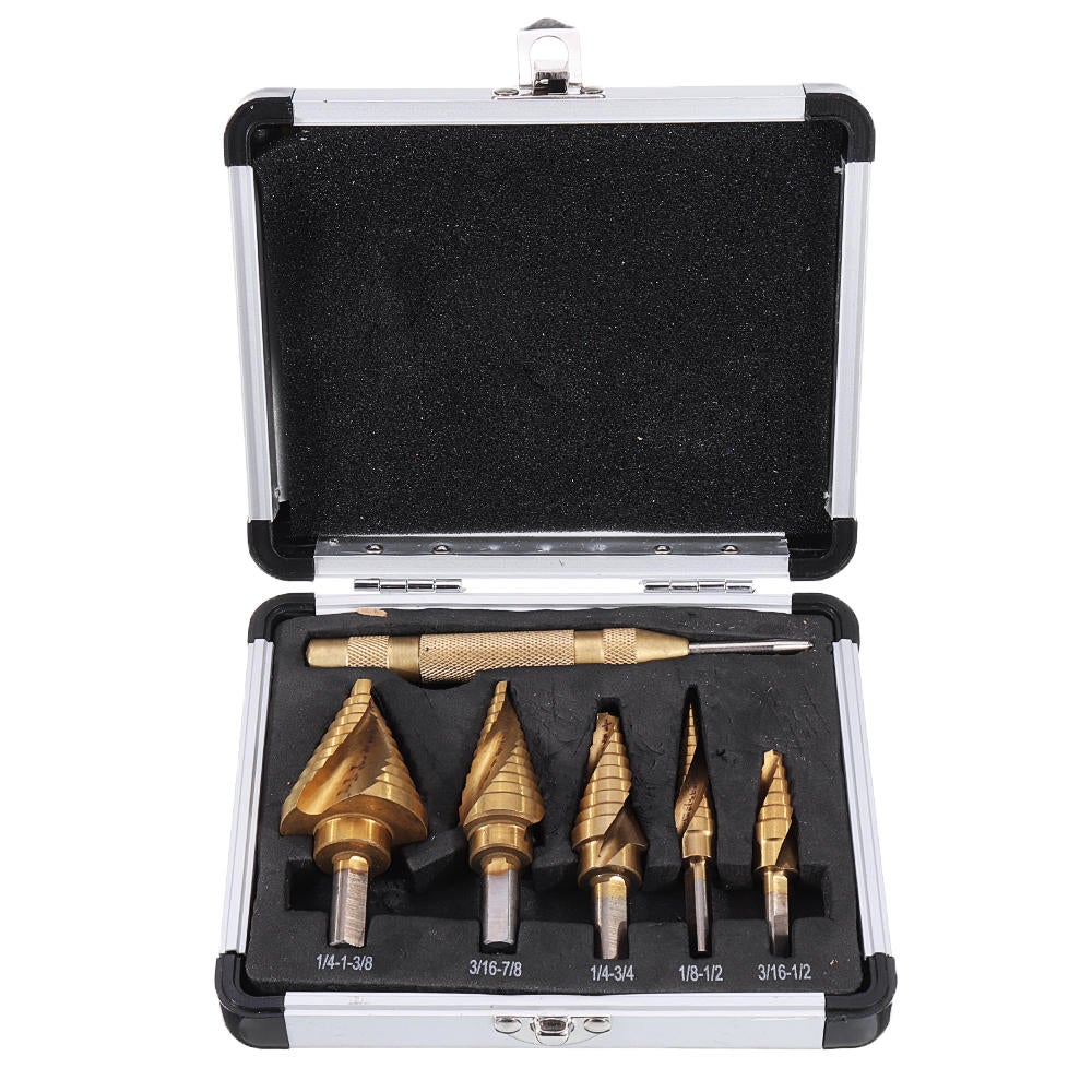 6pcs 1/8 to 1-3/8 Inch Step Drill Titanium Spiral Grooved Step Drill Bit Set with Automatic Center Punch and Aluminum Case