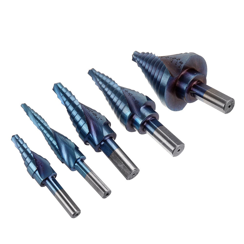 5pcs HSS Blue Nano Coating Step Drill Bit Set Spiral Flute Multiple Hole 1/8 to 1-3/8 Inch 50 Sizes with Aluminum Case or Opp Bag