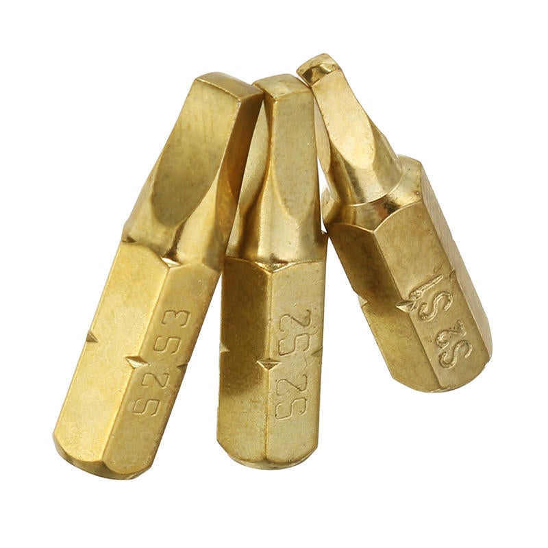 3pcs 25mm S1-S3 Square Shaped Screwdriver Bits 1/4 Inch Hex Shank Electroplating Bronze