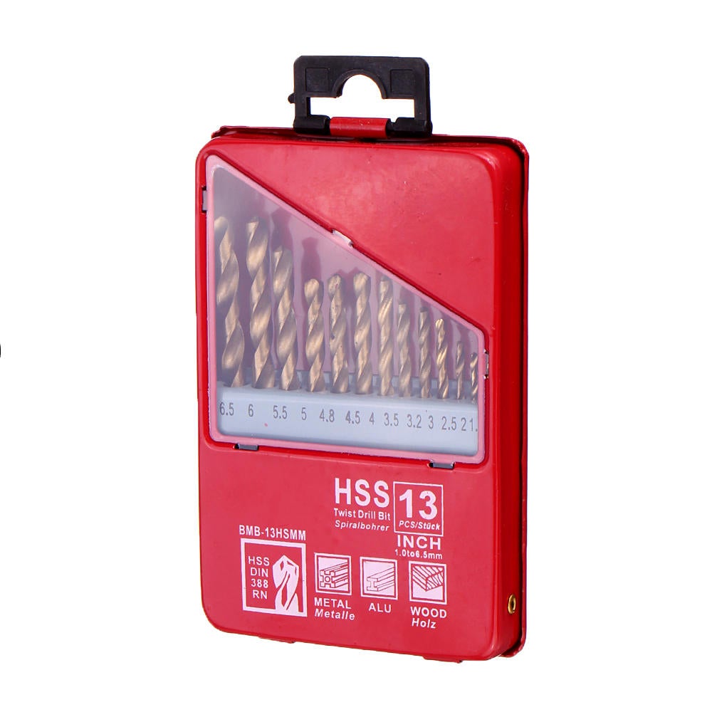 13Pcs M2 HSS 6542 Twist Drill Bit Set 1-6.5mm Titanium Coated Drill Bit with Metal Box for Wood Metal Drilling