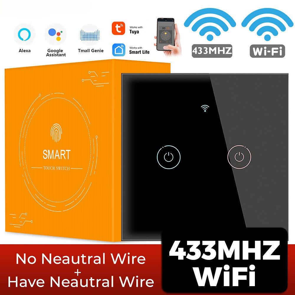 Smart Wifi Touch 433mhz Switch Light EU No Neutral Wire Required Remote Timing Control On Of for Alexa Google Home