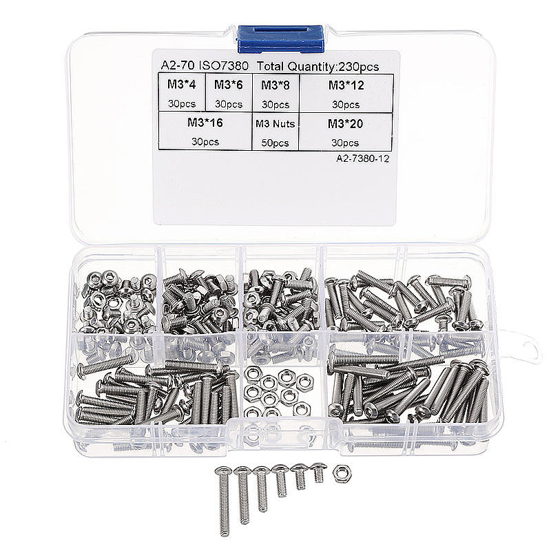 M3SH3 M3 Stainless Steel Hex Socket Button Head Cap Screws Bolts Nuts Assortment 230pcs