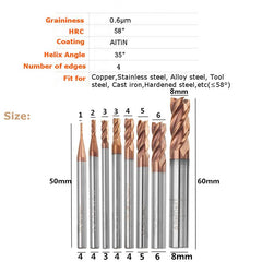 1-8mm 4 Flutes HRC58 End Mill Cutter AlTiN Coating Carbide End Mill Cutter CNC Tool