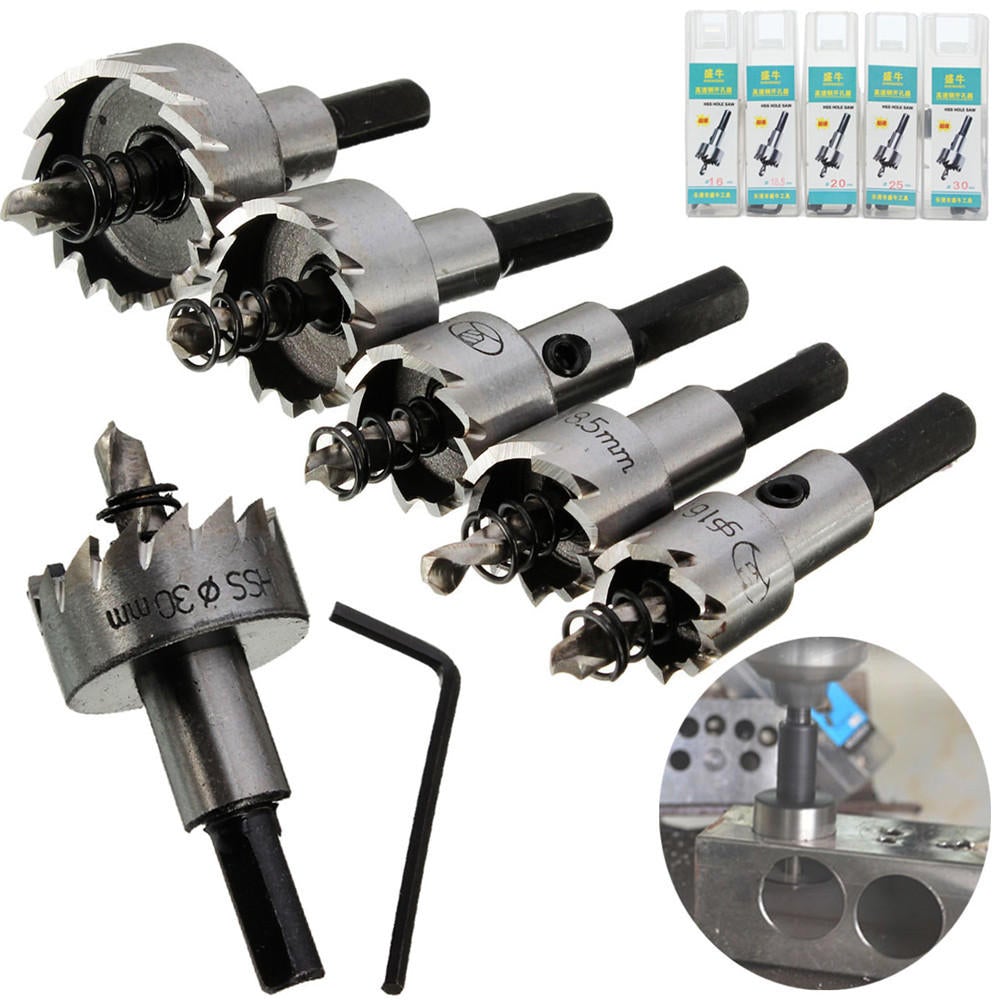 5pcs 16-30mm Hole Saw Cutter Drill Bit Set HSS Sheet Metal Reamer with Wrench