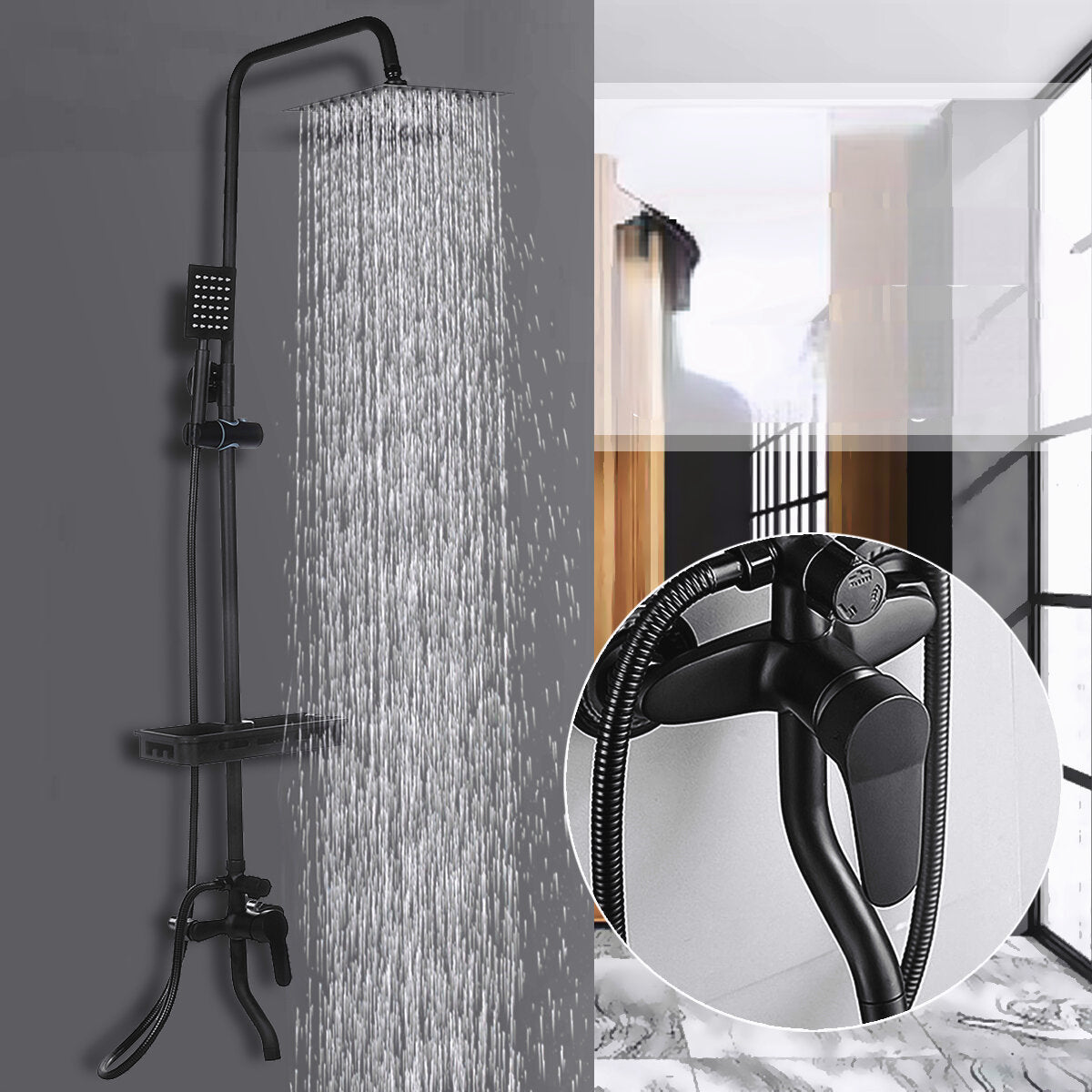 Wall Mount Exposed Shower System with Thermostatic 8 Inch Round/Square Shower Head Adjustable Handheld Sprayer and Bottle Faucet