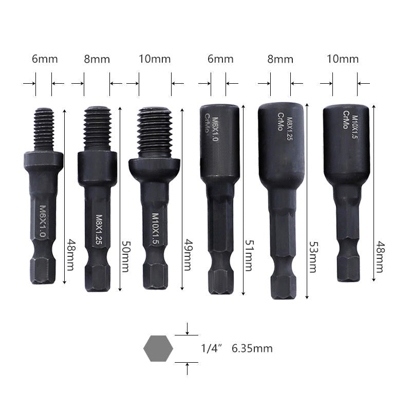 6Pcs Cr-Mo Self-Tapping Socket Adapter Set for 6mm/8mm/10mm Insert Nuts or Hanger Bolt Power Drill Tools 1/4 Inch Hex Shank