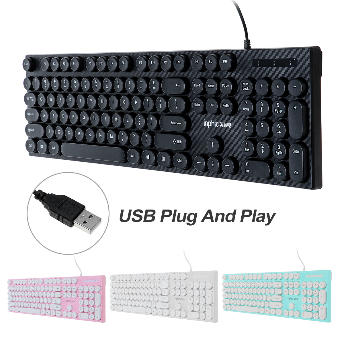 104 Keys Computer Keyboard USB Wired Punk Round Keycaps Mechanical Feeling Gaming Keyboard