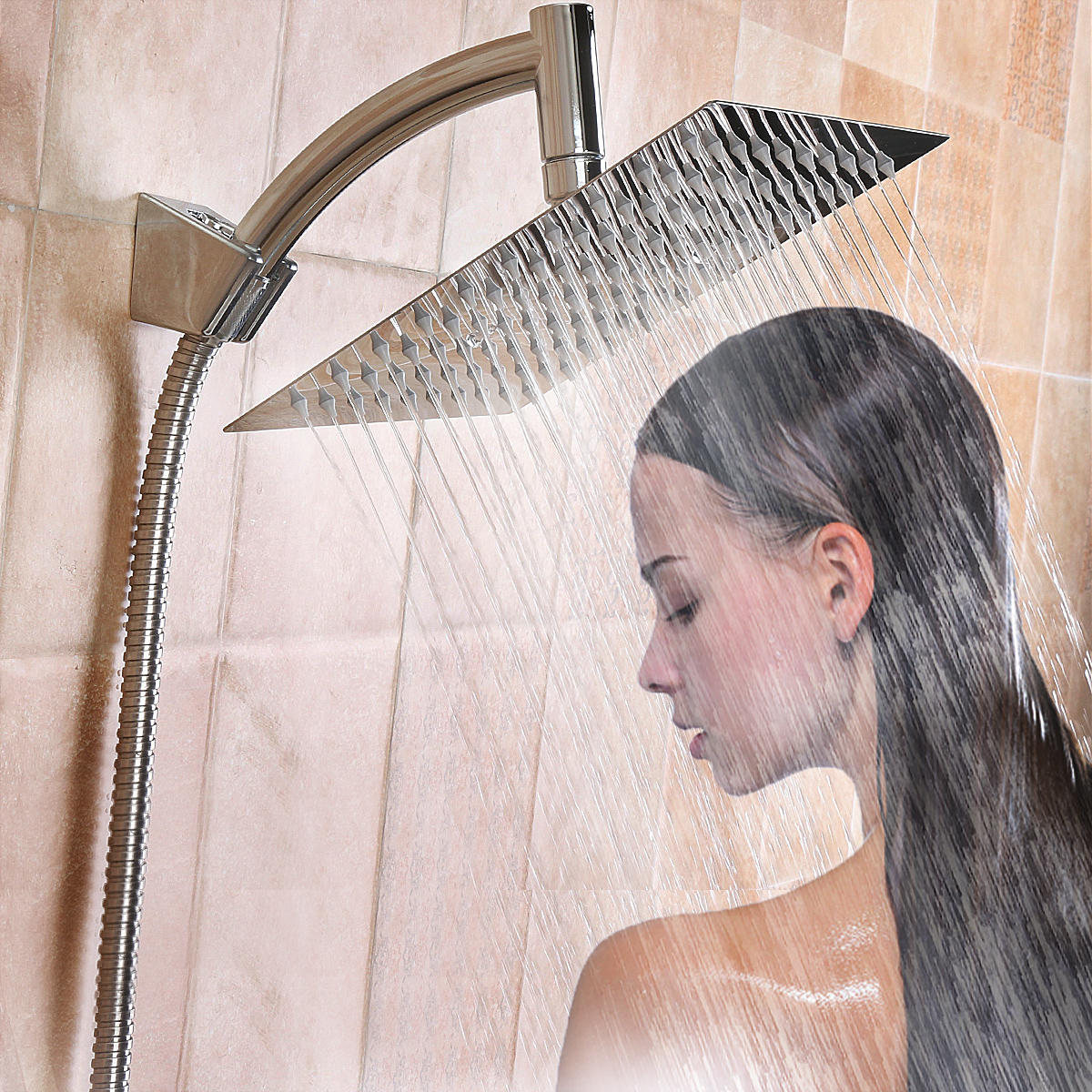 Square 8 Inch Rainfall Shower Head Extension with Arm Hose Kit Overhead