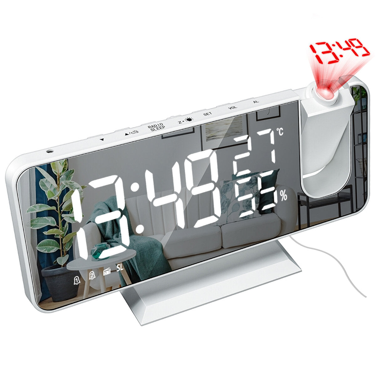 LED Digital Alarm Clock FM Radio HD Time Projection Mirror Clocks Snooze Function Temperature Humidity Display Electronic Clock Time Clock