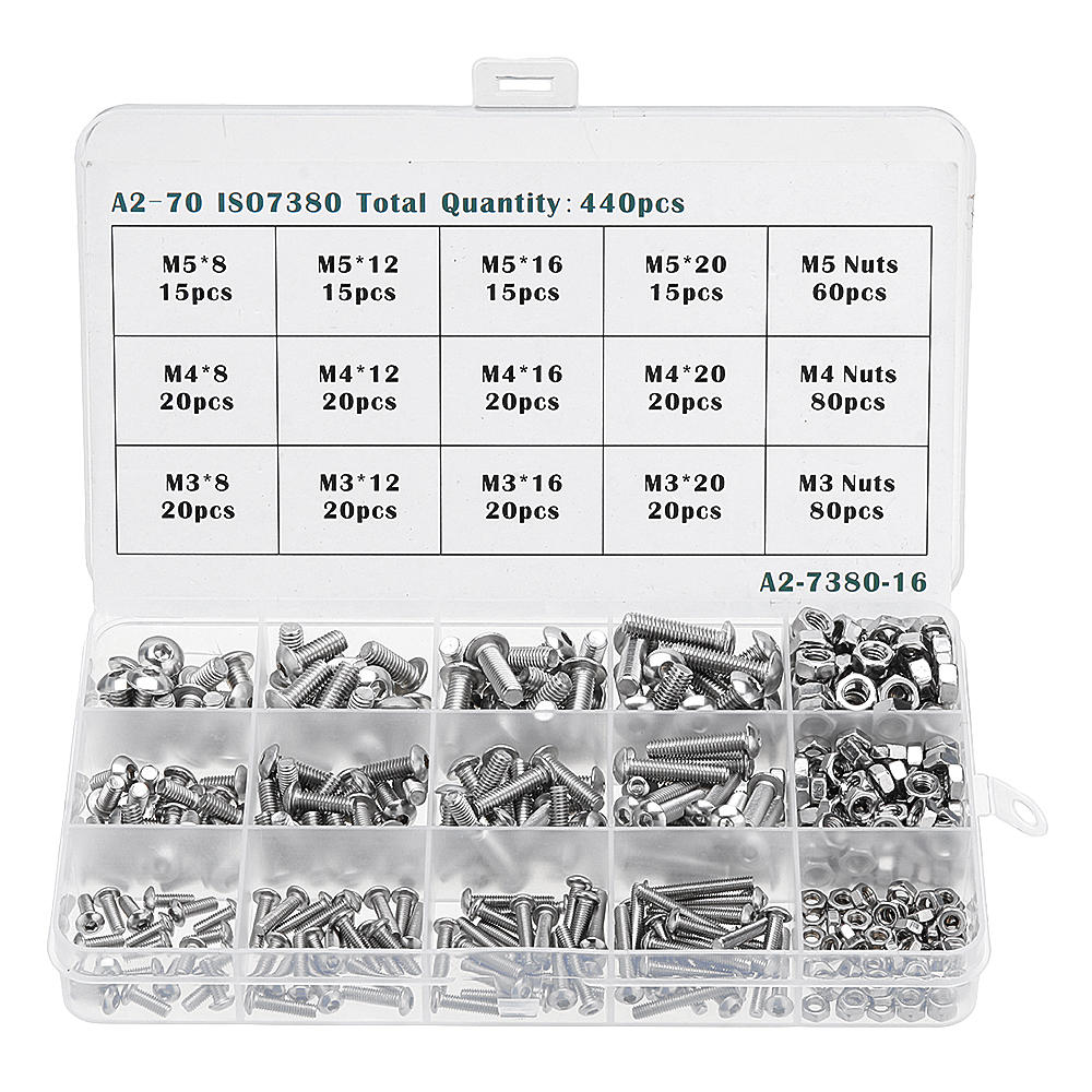 M3 M4 M5 Carbon Steel Screw Hex Socket Cap Head Bolt Nut Assortment 440Pcs