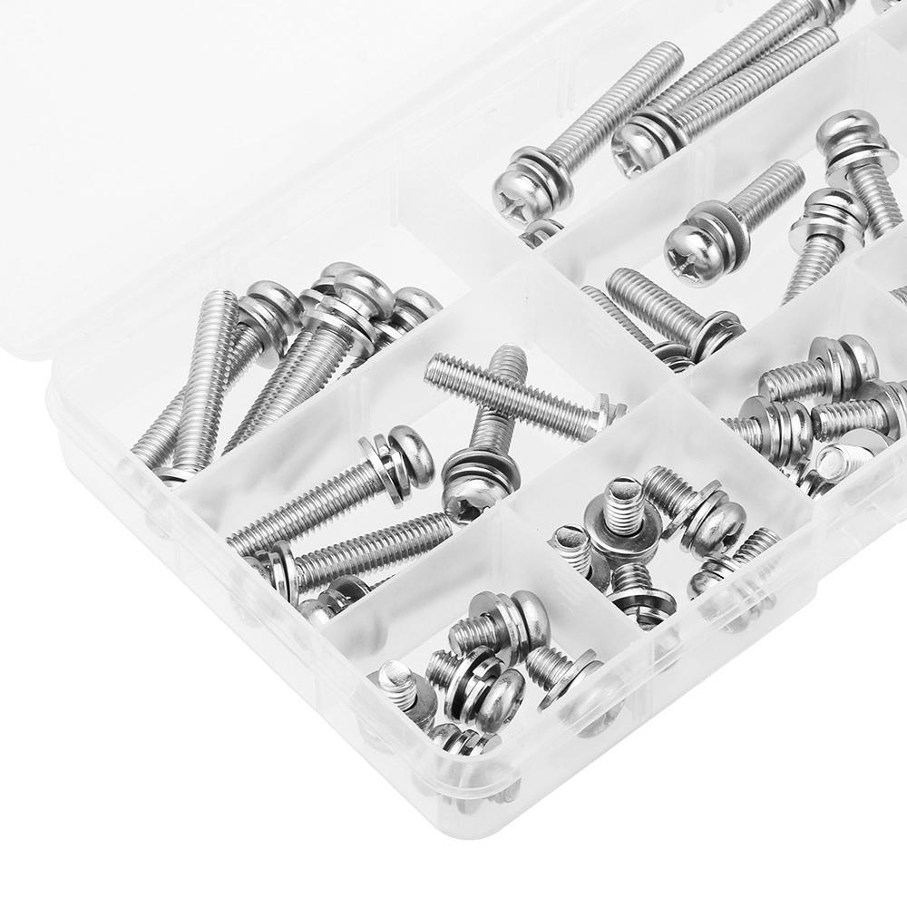 50Pcs M6 Stainless Steel 10-40mm Phillips Pan Head Machine Screw Washer Bolt Asortment