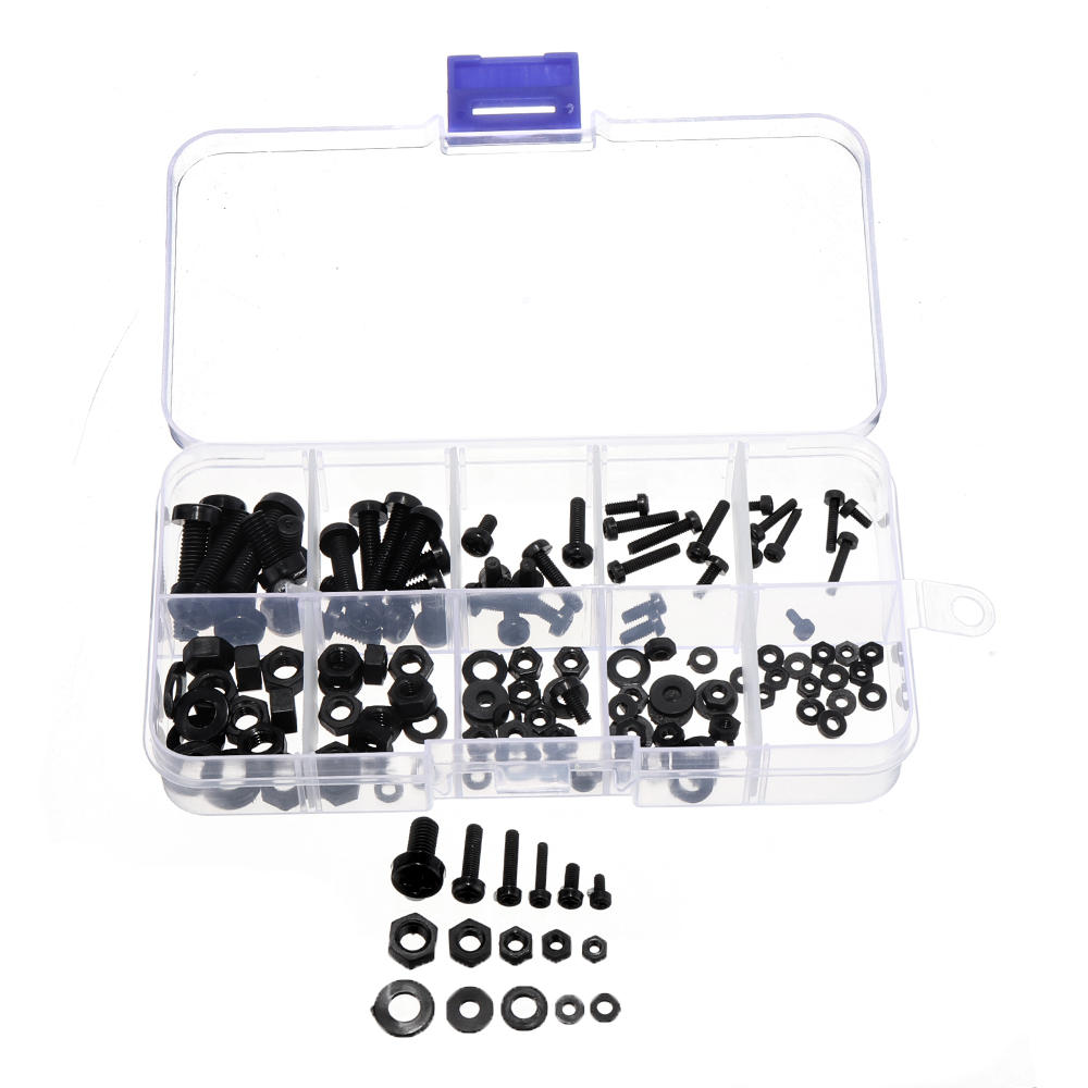 150Pcs Nylon Black P hillips Pan Head Screw Nut Bolt Washers Assortment Kit M2 M2.5 M3 M4 M5