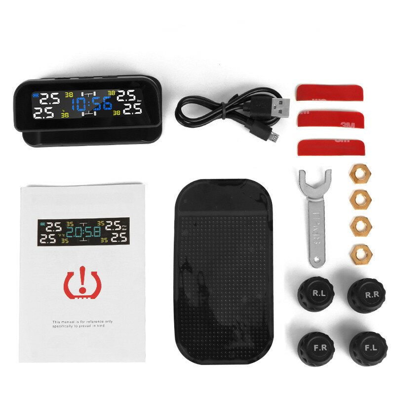 Solar Car 360 Rotation Tire Pressure Monitoring System Digital Clock LCD Display Tyre Temperature Safety Alarm Machine