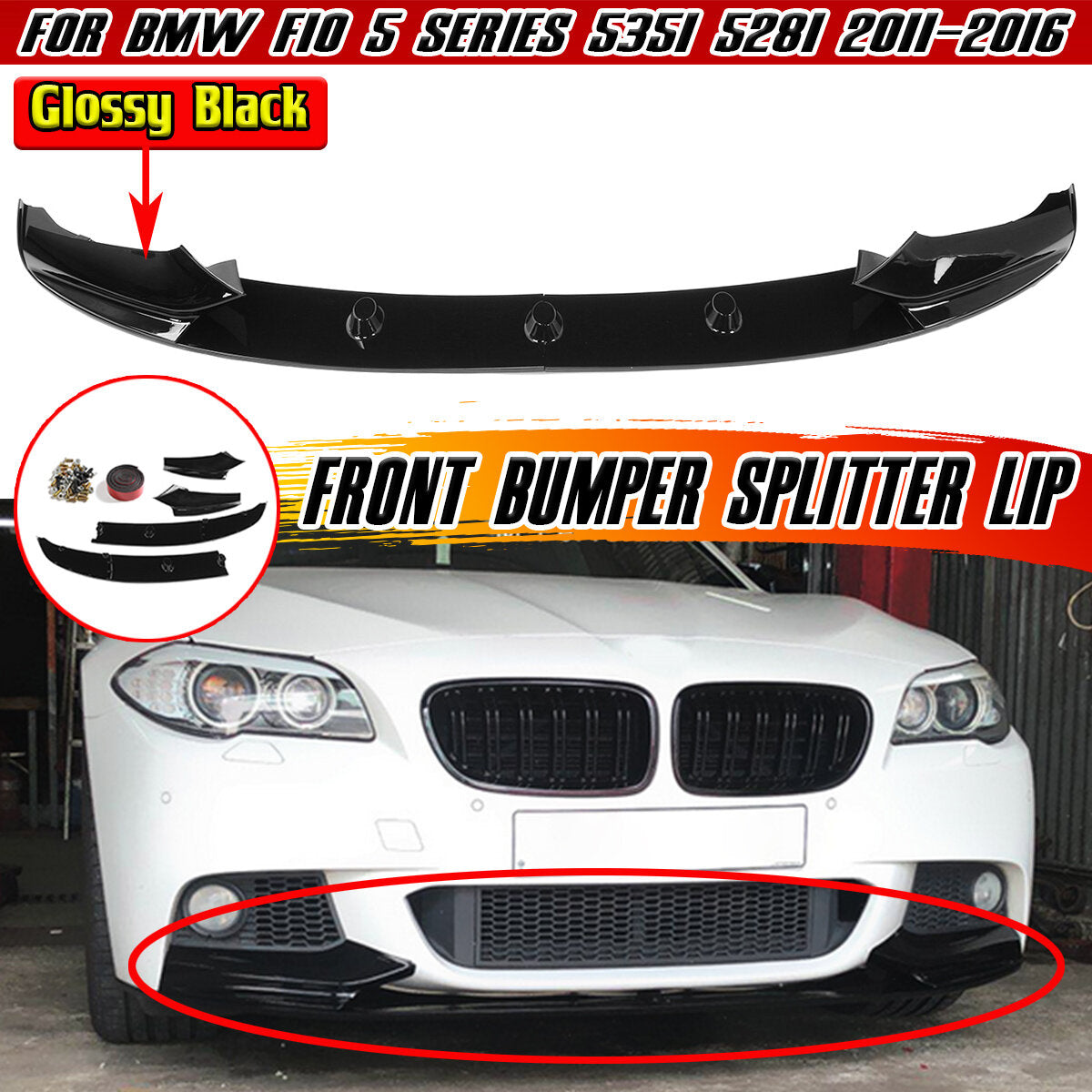For 5 Series with M Sport Bumper Front Bumper Lip Spoiler Splitter Surround Molding Cover Trim Body Kit