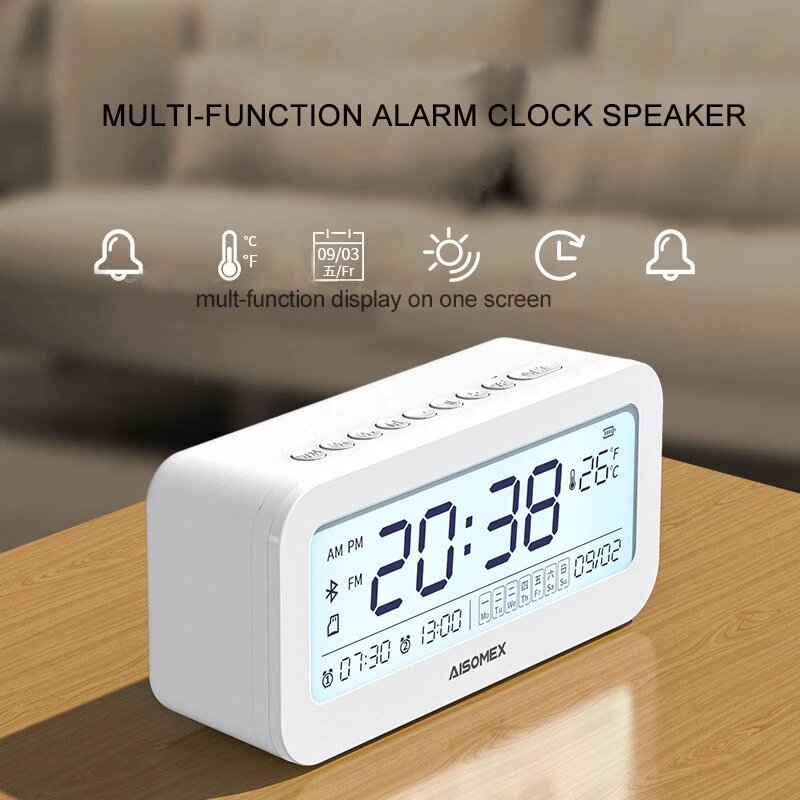 Bluetooth Speaker LED Screen Alarm Clock Day Demperature Display 3 Mode Night Light Outdoor Stereo Subwoofer