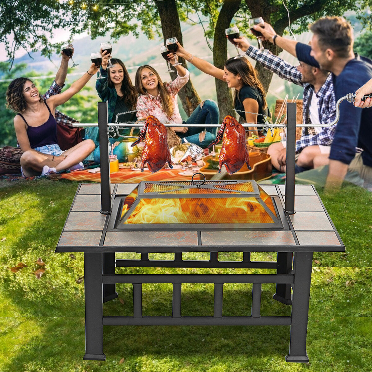 37inch Metal Fire Pit BBQ Grill Patio Garden Backyard Stove with Brazier Cover Outdoor Camping Picnic