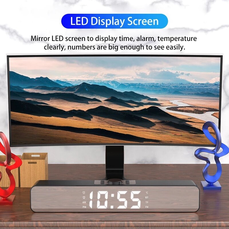 Alarm Clock Bluetooth Speaker With LED Digital Display Wired Wireless Home Theater Surround Sound Bar