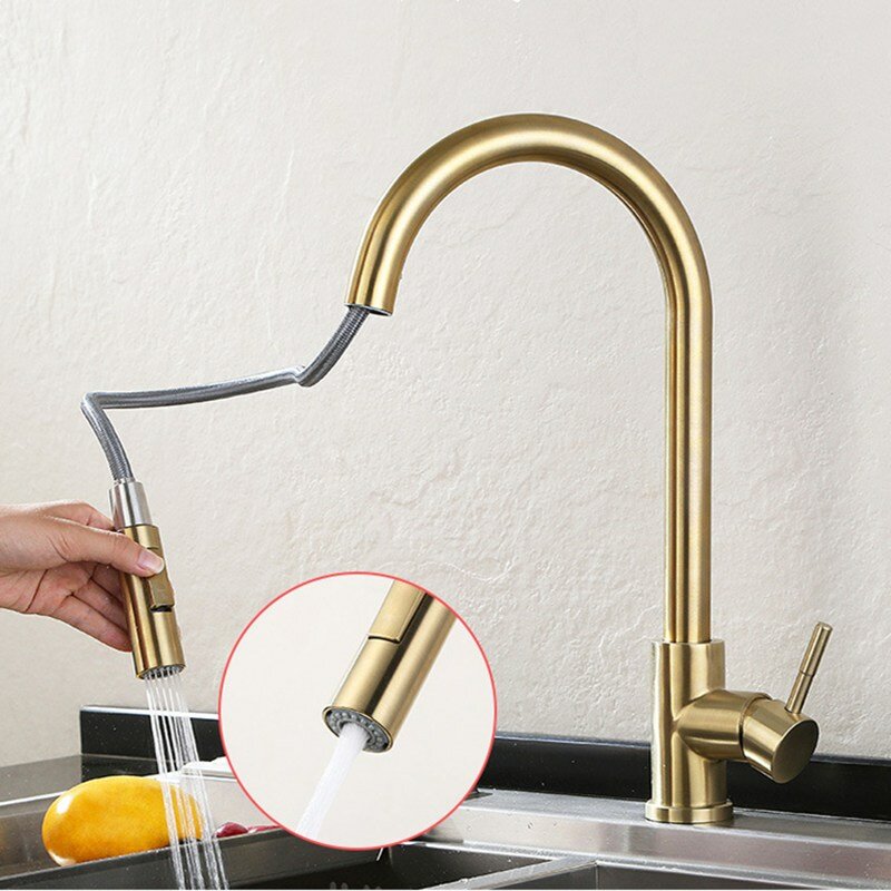 Touch Sensor Kitchen Sink Pull Out Faucet Stainless Steel With Down Sprayer Rotary Household Bathroom Hot And Cold Mixer Tap Inlet Pipe