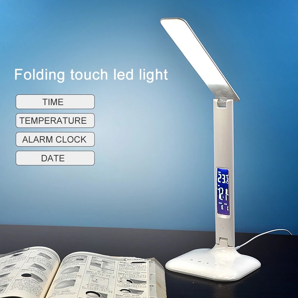 Desk Lamp Touch Dimmable Foldable Eye Protect Reading Light with Calendar Temperature Alarm Clock,5W
