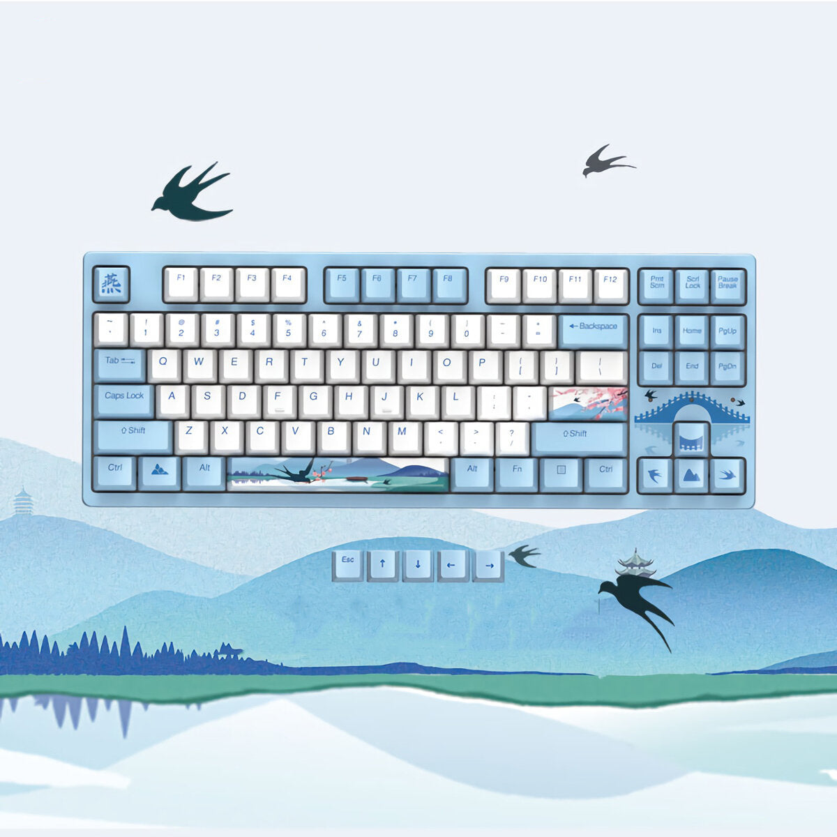 Mechanical Keyboard Swallow Theme Wired Ice Blue Backlight 87 Keys Cherry MX Switch Blue PBT Keycaps Gaming Keyboard