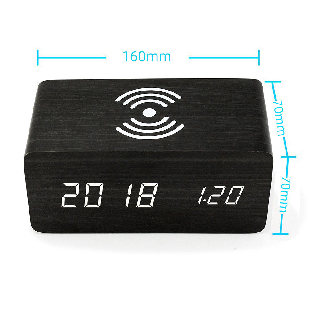 LED Digital Alarm Clock Creative Multi-functional Wireless Charging Wooden Snooze Clock