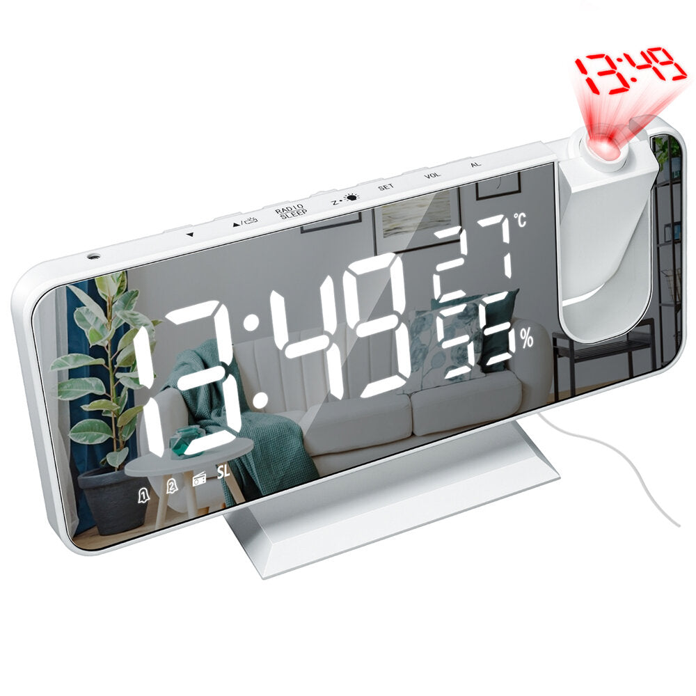 Digital Alarm Clock Electronic USB Wake Up FM Radio HD Red Projection Time Temperature and Humidity Display Table Clock
