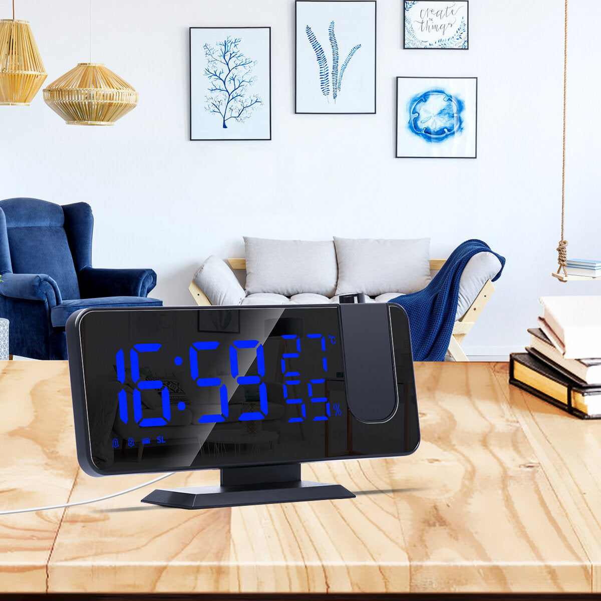 LED Digital Alarm Clock FM Radio HD Time Projection Mirror Clocks Snooze Function Temperature Humidity Display Electronic Clock Time Clock