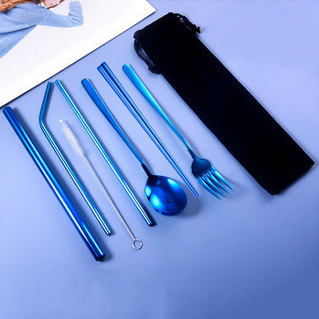 9pcs Titanium-Plated 304 Stainless Steel Cutlery Set Knife Fork Spoon Chopsticks Straw