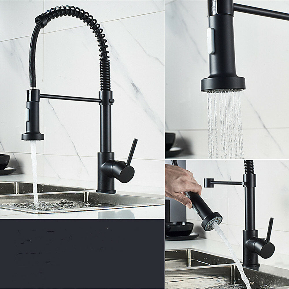 Matte Black Spring Kitchen Sink Faucet Pull Out Spout Single Lever Hot Cold Water Mixers Tap Down Sprayer