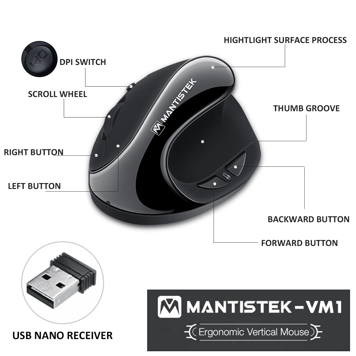 Wireless Vertical Mouse 1600DPI 6 Buttons Ergonomic Optical Mice for Computer Laptop PC