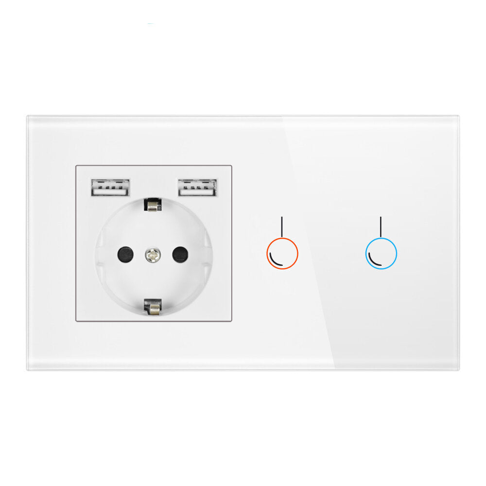 EU Touch 146*86mm 220V 16A Sensor Switch with Socket with USB Crystal Glass Panel Wall Socket with 2 Gang Light Switch