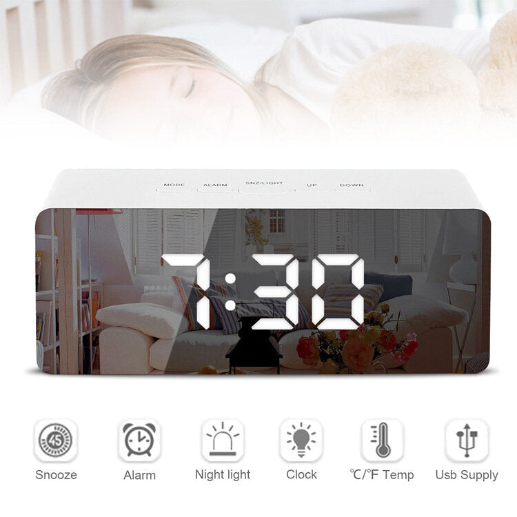 Creative Mirror Alarm Clock LED Digital Display Multifunctional Battery Plug-in Dual-use Clock