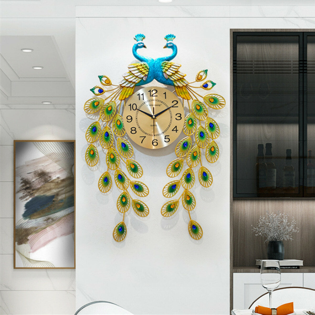 3D DIY Digital Large Peacock Wall Clock Metal Modern Art Home /Office Decoration