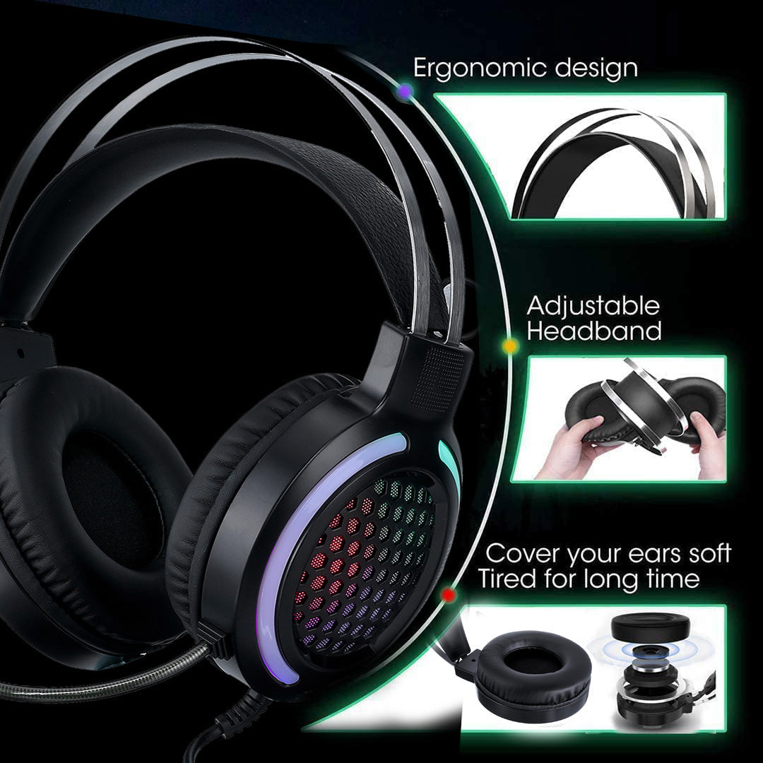 4Pcs Gaming Combo Kit 104 Keys Rainbow Backlit Keyboard Adjustable 2400DPI Mouse Wired RGB Lighting Headset with Anti-Slip Mouse Pad