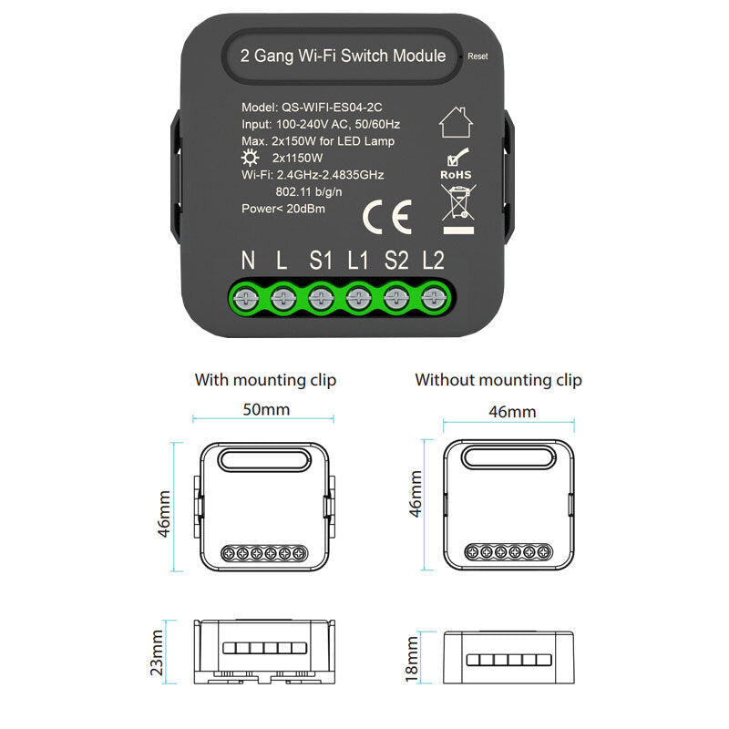 Switch Module with 2 Gang Dual Way Control App Smart Home Interruptor Work for Alexa Google Home