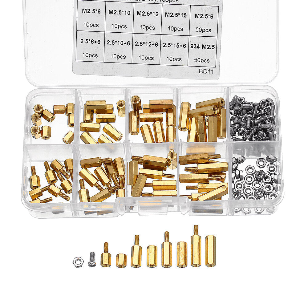 180Pcs M2.5 Brass Male-Female Hex Column Standoff Support Spacer Pillar Cross Screw Nut Assortment for PCB Board