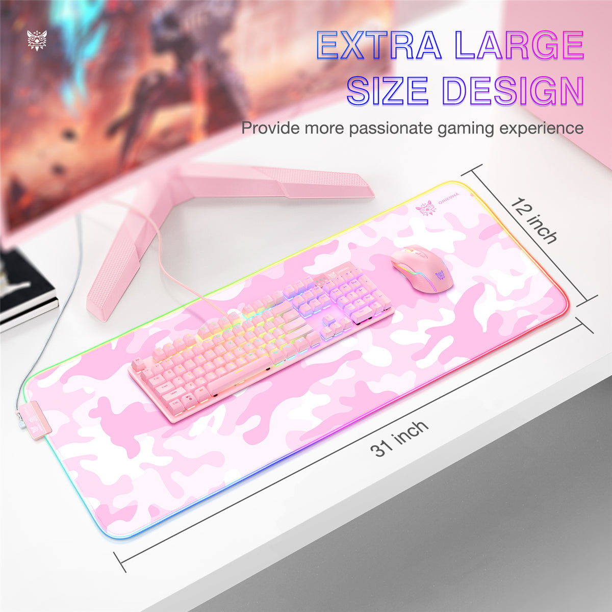RGB Glowing Mouse Pad 12 Lighting Modes Soft Rubber Anti-slip Large Gaming Keyboard Pad Desktop Protective Mat for Home Office Working Gaming