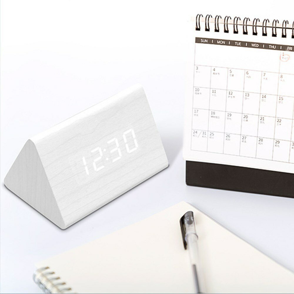 LED Alarm Clock Creative Simple White Light Voice Control Temperature Display Calendar Wooden Clock
