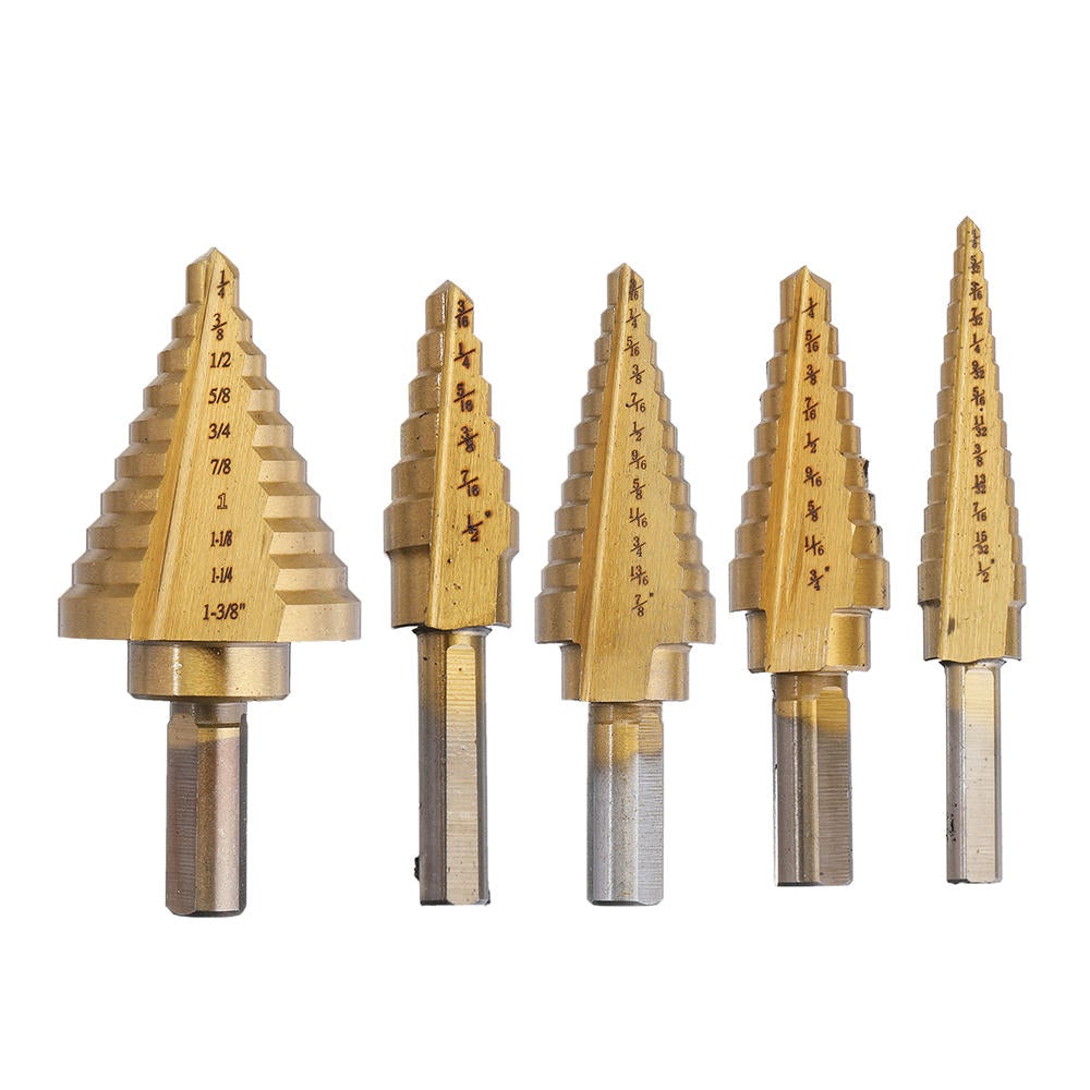 5Pcs Titanium Plating 1/8-1-3/8 Inch Step Drill Bit Set Hole Puncher for Metal Wood Steel