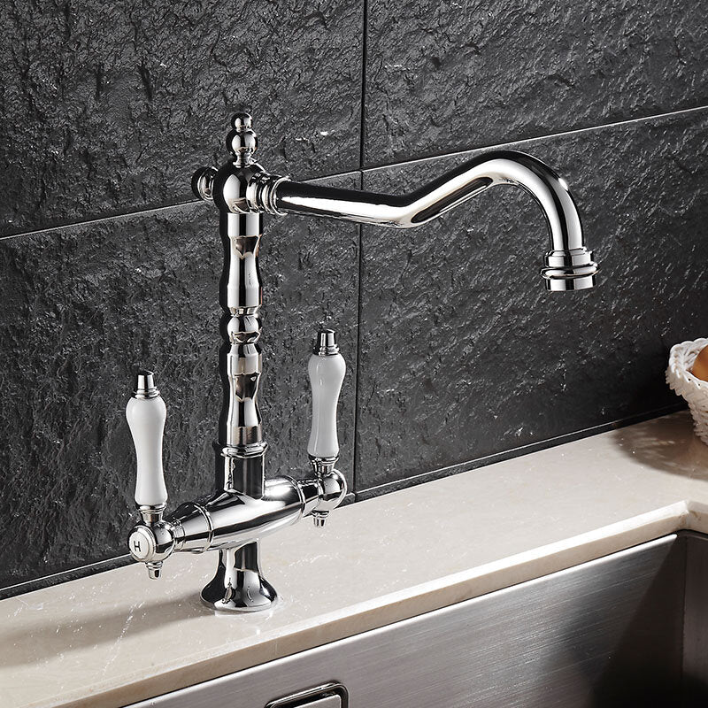 Dual Handle Kitchen Faucet Deck Mounted Single Hole Hot Cold Water Mixer Crane Kitchen Sink Faucets Chrome
