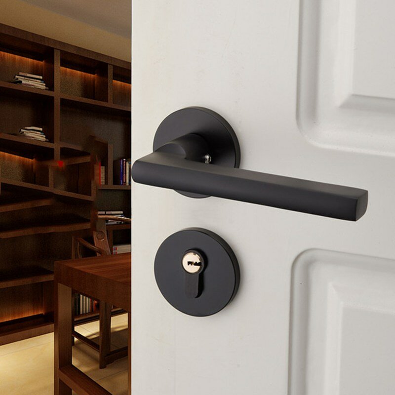 Matte Black Aluminum Door Lock Mechanical Interior Handle Cylinder Lever Latch Home Security Mute Locker With Keys