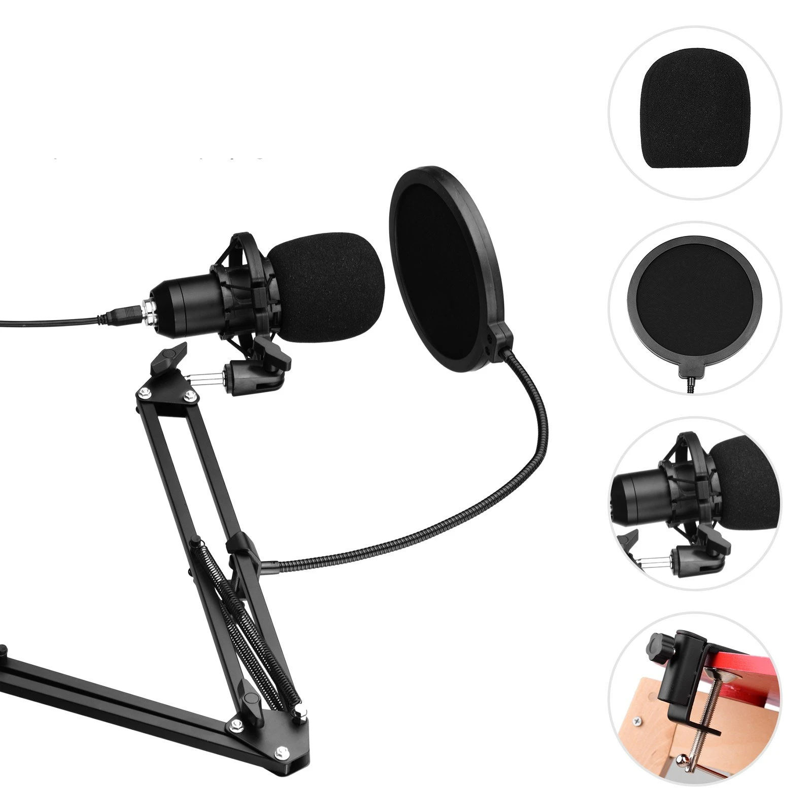 USB Condenser Microphone Set with Desk Mounting Clamp Scissor Arm Stand Pop Filter Muff Shock Mount Cable