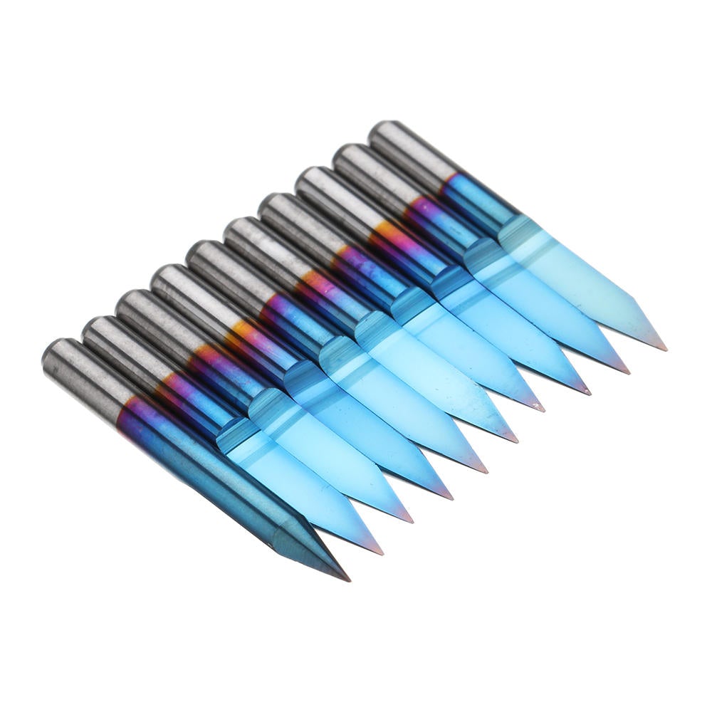 10pcs 0.1-1.5mm 30 Degree PCB Engraving Bit Blue Nano Coated Carbide CNC Flat Bottom Engraving Bit Router Tool