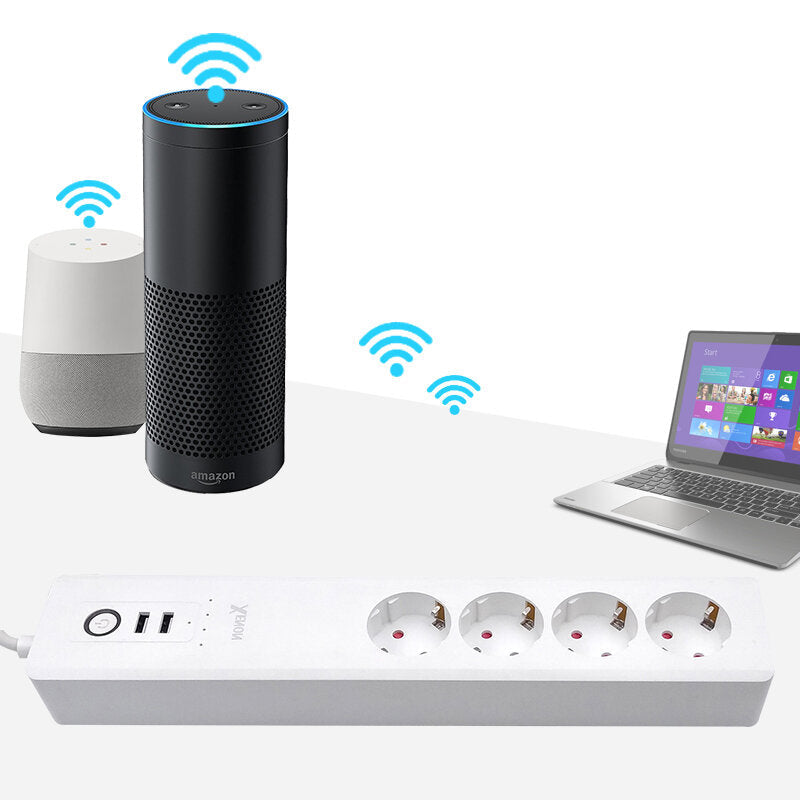 WiFi Smart Power Strip 16A Multiple Outlet Extension Cord with 2 * USB Ports / 4 * AC Outlets Remote Voice Control EU Plug Sockets