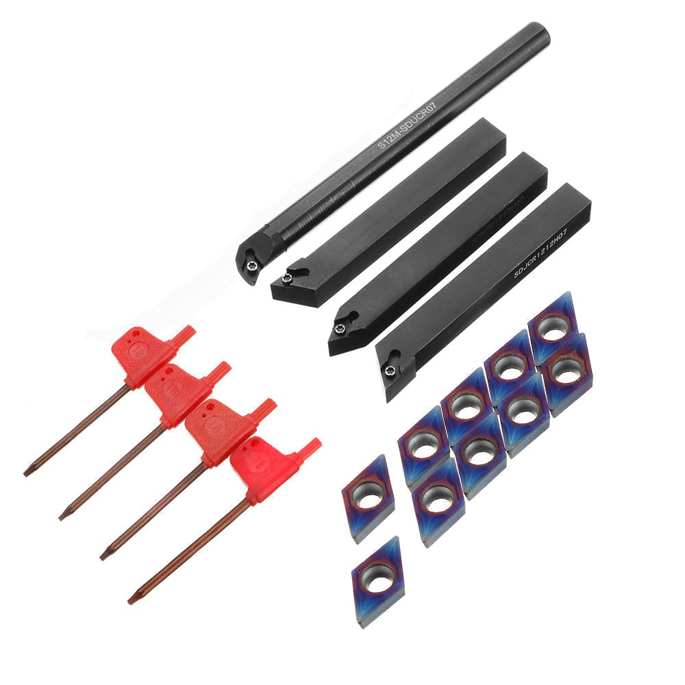 4pcs 12mm Lathe Turning Tool Holder with 10pcs Blue Nano DCMT070204 Carbide Inserts