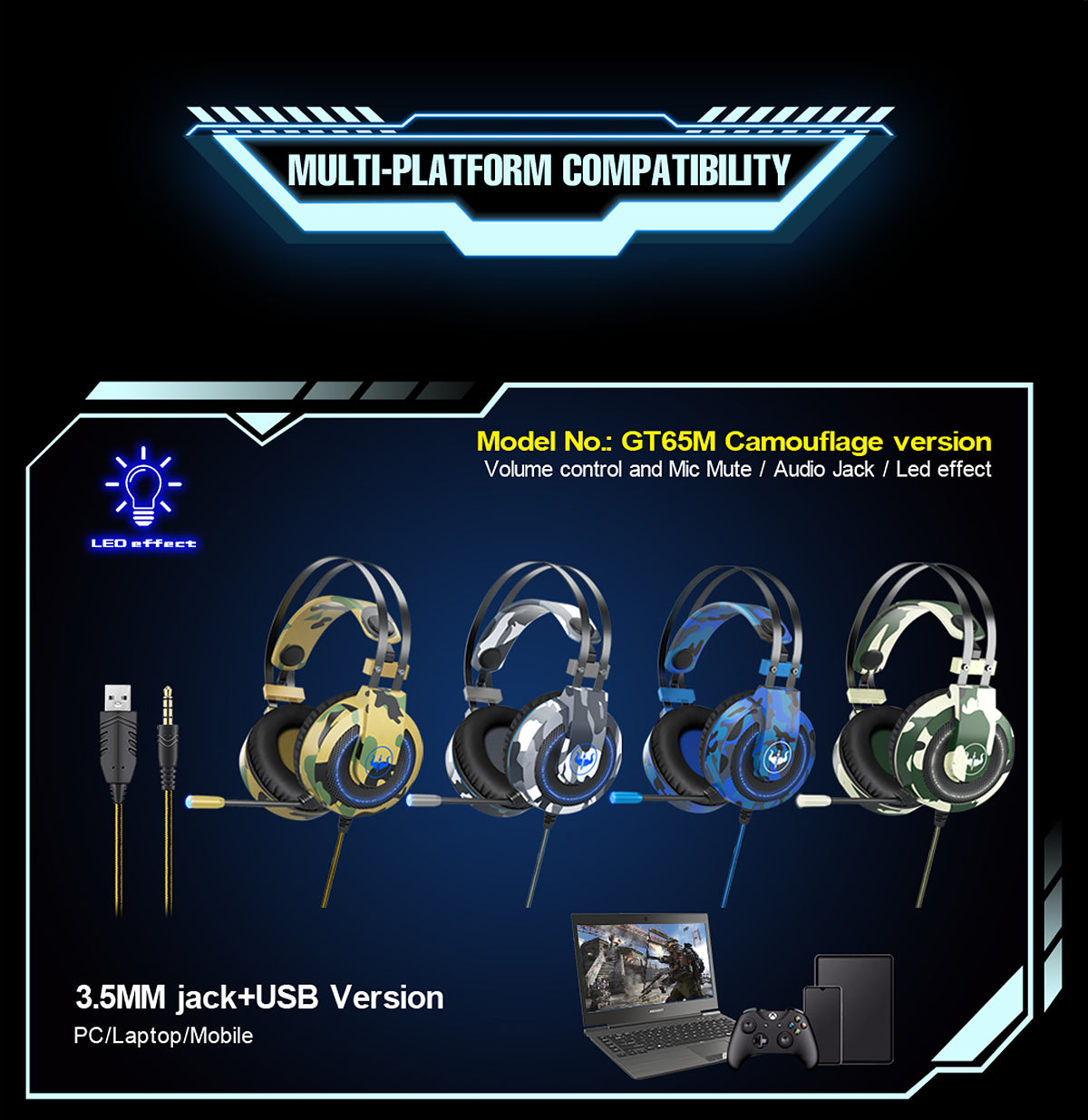 Gaming Headset Wired 3.5mm Jack 50mm Bass Stereo Sound LED Light Headphone with Mic for PS3/4 Computer PC Gamer